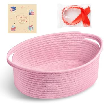 Imagem de Bufims Cesta rosa pequena para armazenamento vazia com fitas e bolsas, presentes fofos, duráveis, 30 x 20 x 12,7 cm, cesta de corda pequena para presente