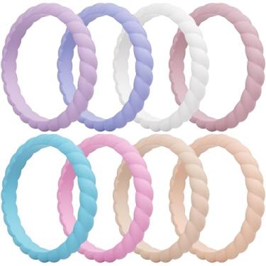 Imagem de ThunderFit Alianças de casamento de silicone trançadas finas para mulheres, anéis de noivado de borracha de 3,5 mm de largura e 2 mm de espessura - 1/4/8/10/12/16 pacote variado, 7.5 - 8 (18.2mm