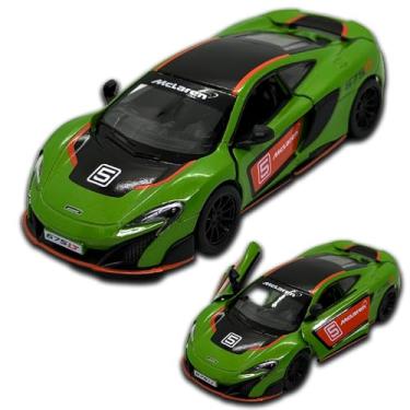 Imagem de Carrinho de ferro miniatura McLaren 675LT, abertura de portas, com fricção, 12,5 CM, Em metal, 1/36, Pneus em borracha, Kinsmart (Verde Numerada)