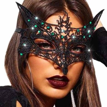 Imagem de Obmyec Masquerade Lace Mask for Women Fox Eye Masks Black Face Mask for Party Halloween Cosplay (Green)