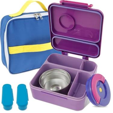 Imagem de Caixa para crianças, conjunto de caixa infantil à prova de vazamento, sem BPA, recipiente com 4 compartimentos com utensílios, pote térmico para comida quente infantil e bolsa isolada para crianças à