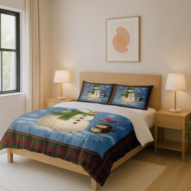 Imagem de Conjunto de capa de edredom de boneco de neve de Natal, roupa de cama de férias de 3 peças com cachecol verde, estampa de boneco de neve, ouriço e cardeal, capa de edredom macia de inverno com 2