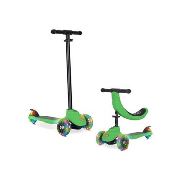 Imagem de KRIDDO Scooter infantil 5 em 1, inclinada para dirigir, scooter infantil com altura ajustável, 3 rodas iluminadas, ideal para uso interno e externo, presente para crianças de 1 a 5 anos, verde