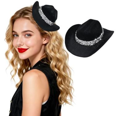Imagem de Haakong Chapéu de cowboy com clipe de cabelo com strass para chapéu de vaqueira para discoteca, faroeste, acessório de fantasia de cosplay, Preto, M