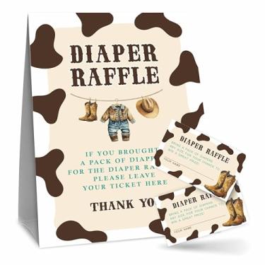 Imagem de Kit de sorteio de fraldas para bebês meninos para chá de bebê, cowboy ocidental - 1 placa de pé e 50 ingressos, decorações para chá de bebê, revelação de gênero, anúncio de bebê, lembrancinha de festa