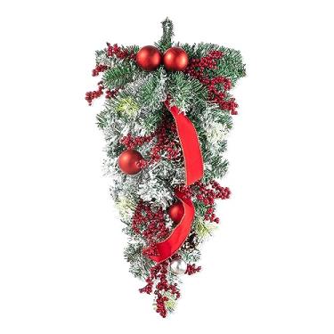 Imagem de Glitzhome Guirlanda de Natal flocada de 63,5 cm com bagas, ornamentos e pinhas guirlanda suspensa com poeira de neve para decoração de férias internas na porta da frente