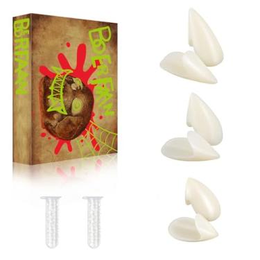 Imagem de BOERFAAN Vampire Teeth 3 Pairs, Vampire Fangs Fake Teeth Werewolf Teeth Halloween Party Cosplay Props Dentures, Halloween Costumes Decorations Party Favors Masquerade Accessories for Adult Women Girls