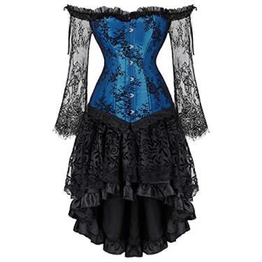 Imagem de Espartilho plus size Steampunk espartilho conjunto de saia renascentista gótica bustiê fantasia de Halloween, Azul - 8125, 3X-Large