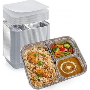 Imagem de Bandeja descartável de alumínio com tampas de papelão (caixa com 250 conjuntos) – Bandeja de alumínio com 3 compartimentos