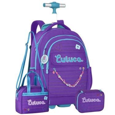 Imagem de Kit Mochila Rodas Luluca Pandinha Lancheira E Estojo - Roxo