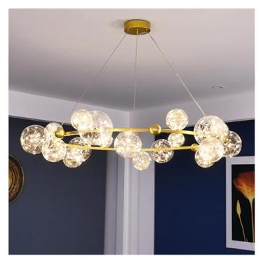 Imagem de Lustre de bola de vidro LED Anel dourado Sala de estar Jantar Pingente Decoração para casa Iluminação interna Lustre Luminária
