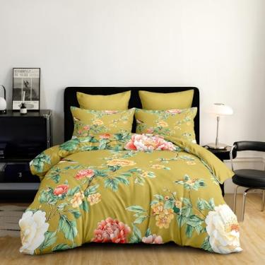 Imagem de CCoutueChen Conjunto de edredom floral de pássaros de luxo, tamanho Queen, botânico vintage com 2 fronhas, conjunto de cama acolchoada de microfibra macia de 3 peças para todas as estações/90 x 90