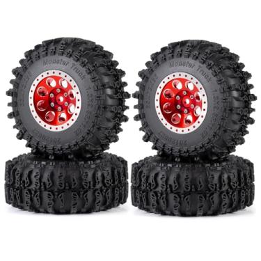 Imagem de MORLORDY 1.3" Wheel Tires Set - 72mm Soft Sticky Tires and Aluminum Wheel for 1/18 TRX4M 1/24 Axial SCX24 Gladiator Bronco C10 JLU Deadbolt RC Crawler Car (Red)