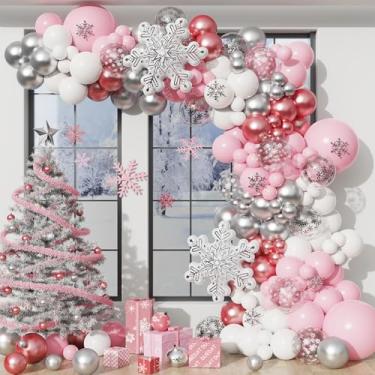 Imagem de Kit de arco de guirlanda de balão rosa do país das maravilhas do inverno, com balão de floco de neve branco 3D para decorações de festa de aniversário de Natal no país das maravilhas de inverno