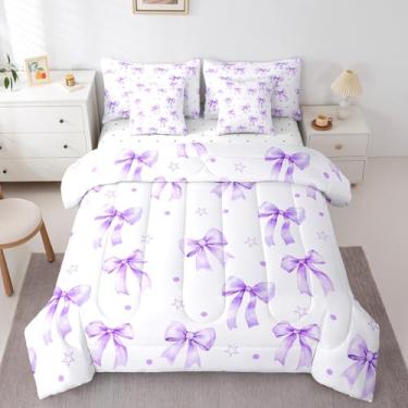 Imagem de Manfei Conjunto de cama casal de 7 peças com laço roxo, estampa de laço em aquarela, desenho kawaii, com edredom, lençóis e fronhas, decoração de quarto infantil de princesa