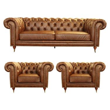 Imagem de Conjunto Sofá e 2 Poltronas Chesterfield Duo Couro Tabaco - Gran Belo