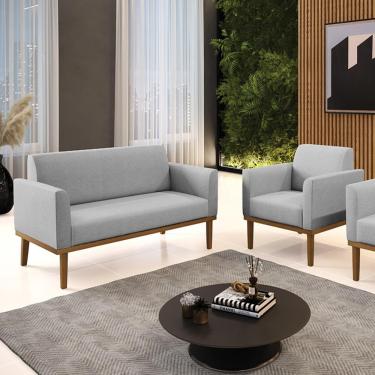 Imagem de Conjunto Poltrona e Namoradeira Decorativa Isabella Pés Fixo em Madeira Castanho Linho Cinza G19 - Gran Belo