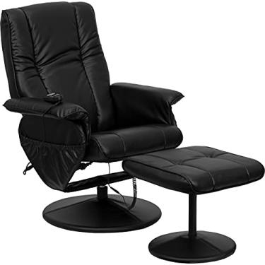 Imagem de Flash Furniture Cadeira reclinável ajustável Hall Massaging Heat Controlled e Otomana com base envolta em couro macio preto