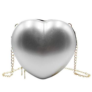 Imagem de Amamcy Bolsa feminina em forma de coração, bolsa tiracolo acolchoada com alça de pérola, bolsa tiracolo com coração e alça de corrente, Prata, One Size