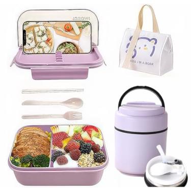 Imagem de Lancheira Bentô para alimentos quentes e frios, 3 compartimentos e copo térmico de sopa, lancheira, colher, garfo, pote de comida à prova de vazamento para escritório, piquenique, viagens ao ar livre