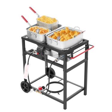 Imagem de FIRE RIOT Fritadeira Com Fogão A Gás Propano De Dois Queimadores Para Áreas Externas - 2 Panelas Alumínio 18 Qt E Cestos Fritura Perfeito Fritadeiras Peixe, Asas, Batatas Fritas Cajun