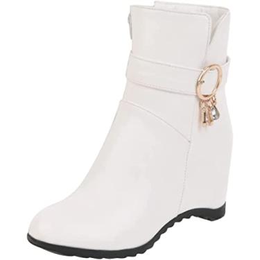 Imagem de Botas femininas de couro sintético para uso ao ar livre inverno quente bico redondo botas de neve botas curtas anabela, Branco, 40 BR