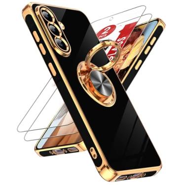 Imagem de LeYi Capa para Samsung Galaxy A56 5G: com 2 protetores de tela de vidro temperado e suporte magnético giratório de 360°, borda banhada a ouro rosa para Galaxy A 56 5G, preta
