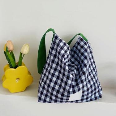 Imagem de Bolsa feminina de lona quadriculada, bolsa de ombro com bolsos para viagem, trabalho, compras, academia, armazenamento, mochila carteira-azul