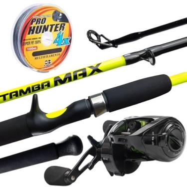 Imagem de Jaú Pesca Kit Vara New Tamba Max 30-60 lbs com Carretilha Crobat 7+1 Rolamentos, Verde Neon, Fibra de Vidro, Linha Multifilamento Pro Hunter 4X (2.10m, Destro)