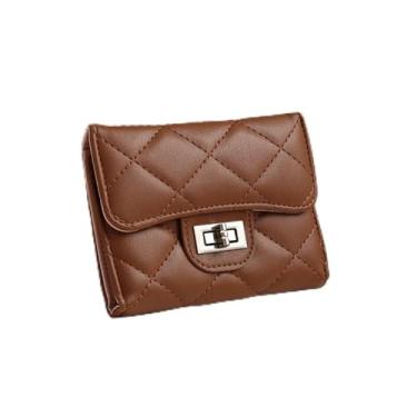 Imagem de Carteira feminina blindada pequena compacta com bolso duplo dobrável, Marrom, Carteira