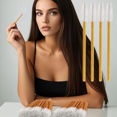 Imagem de 100 pincéis de cílios descartáveis, kits de maquiagem aplicadores de varinhas de rímel, pincéis de spoolies de cílios para extensões de cílios e sobrancelhas (branco dourado)