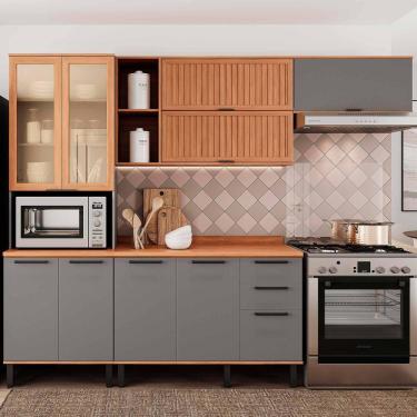 Imagem de Armário De Cozinha Castanha 2700mm Com Vidro E Ripado 4 Peças - Cinza/freijó