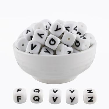 Imagem de HHCFAST Contas de silicone do alfabeto quadrado branco de 12 mm, letra F, Q, V, Y, Z, 20 peças de contas de silicone com número de coração de cubo para fabricação de chaveiros, ideal para colar