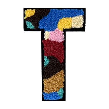 Imagem de 1 peça de 11,4 cm colorido camuflagem chenille patch com borda preta Camuflagem divertida ferro em letras para jaquetas e mochilas, adesivos modernos do alfabeto para moda DIY e presentes (T)