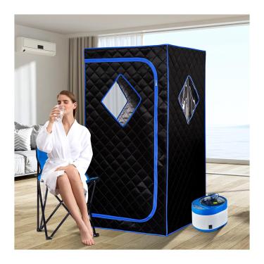 Imagem de ZONEMEL Sauna a vapor portátil tamanho completo, spa doméstico pessoal, vaporizador de 4 litros de 1600 watts com controle remoto, temporizador, cadeira dobrável (C 85,88 cm x L 85,88 cm x A 166,94 cm, borda azul)