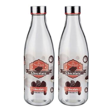 Imagem de Kit 2 Garrafa De Vidro 950Ml Tampa Aço Inox Leite Água Euro