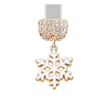 Imagem de ELISE & FONDA TP978 Tipo-C porta de carregamento cristal antipoeira pequeno floco de neve de Natal pingente de celular para iPhone 15/16/Samsung/OnePlus/Xiaomi/oppo telefones Android (branco)