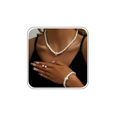Imagem de Allereyae Conjunto de pulseira de brincos de pérola vintage, colar de bola de cristal, brincos de pérola, gargantilha redonda, pingente de imitação de pérolas, pulseira de pérolas brancas, conjunto de