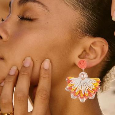 Imagem de Brincos femininos boho com pingente de flor marrom, azul, verde, amarelo, rosa, cauda de pavão, ráfia, relva, brincos El brinco boêmio, joias, presentes de Ação de Graças, presentes