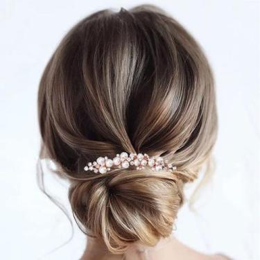 Imagem de Pente de cabelo Brishow Pearl Bridal Rose Gold Strass x2