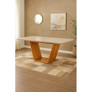 Imagem de Mesa de Jantar Luxo Retangular 160x90 Mdf/vidro para 6 Lugares Pés Madeira Maciça Safira - Mel/off White