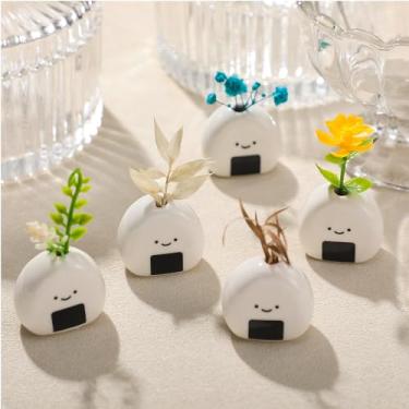 Imagem de Ninehaoou 5 peças mini vasos de cerâmica bola de arroz pequeno vaso branco onigiri japonês vaso de flores em miniatura para flores e grama dos pampas, artesanato japonês kawaii para decoração de mesa