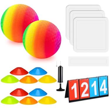Imagem de O conjunto de kickball esportivo de 18 peças inclui 2 bolas de playground com bomba de ar, 4 bases de borracha para baixo, 10 cones de linha suja e um painel de pontuação flip para meninos, meninas