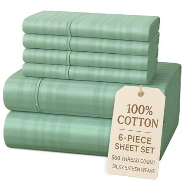 Imagem de Casa Platino Conjunto de lençóis 100% algodão tamanho casal - 6 peças (1 lençol liso, 1 elástico, 4 fronhas) - Listrado 500 fios - Lençóis de cama de cetim ultramacio com bolsos profundos de 38 cm