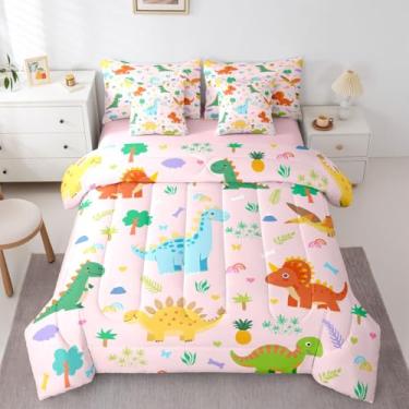 Imagem de Feelyou Conjunto de edredom infantil fofo de dinossauro, 7 peças, tamanho solteiro, rosa, dinossauro, para crianças, meninos, meninas, decoração de quarto, respirável, macio e leve de microfibra
