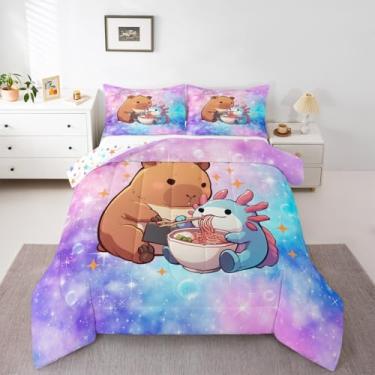 Imagem de Conjunto de edredom solteiro com desenho animado de animais selvagens do oceano azul, capivara, amantes de animais, ombré, aquarela, arte fluida, galáxia, colorido