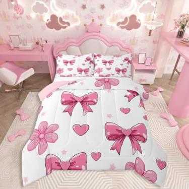 Imagem de jejeloiu Conjunto de cama com laço rosa macio para meninos e meninas, conjunto de edredom com laço colorido, tamanho casal, branco, rosa, microfibra, borboleta, laço, decoração de quarto, 3 peças com