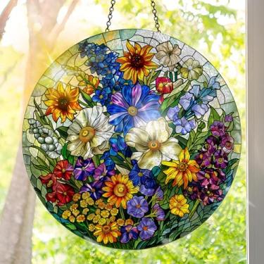 Imagem de Suncatcher acrílico colorido, decoração de janela suspensa de flores com design de vitral impresso, apanhador de sol, arte de parede de arco-íris, ornamentos de Natal para uso interno e externo 19,8 x