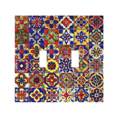 Imagem de SgEdao Capas decorativas para interruptores, azulejos coloridos, estilo espanhol, placa de parede de 2 gangues, placa de interruptor de luz dupla exclusiva placa de cobertura de parede placa frontal