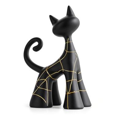 Imagem de Octdays Modern Black Cat Sculpture – Abstract Resin Cat Figurine with Golden Lines, Minimalist Animal Art Statue for Home, Bookshelf, Office or Living Room Decor (Black and Gold Lines)